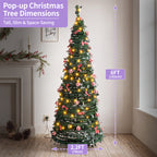 A decorated pop-up Christmas tree stands in a real indoor room with a fireplace, wood floor, and wall, with overlaid dimension callouts showing 6FT (182cm) tall and 2.2FT (70cm) wide.