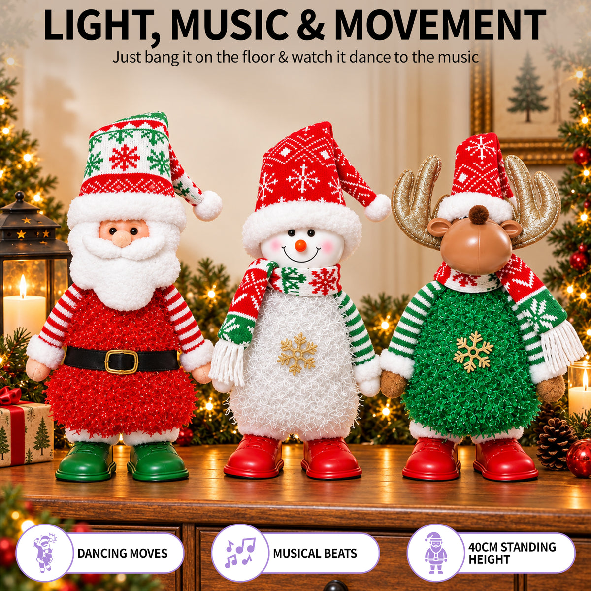 Animated Santa, Snowman and Reindeer Christmas Figures with LED Lights