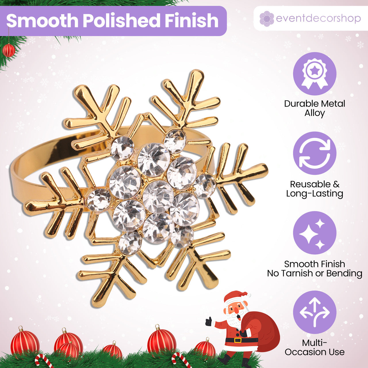 Snowflake Napkin Rings with Diamante – Christmas Table Décor - Gold