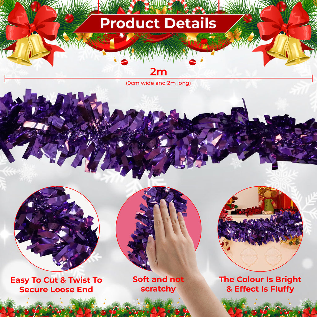2m Christmas Wide Tinsel Garland - Purple