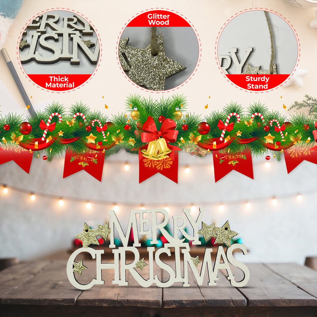 Merry Christmas Plaque Door Hanging Sign - Gold Glitter Star