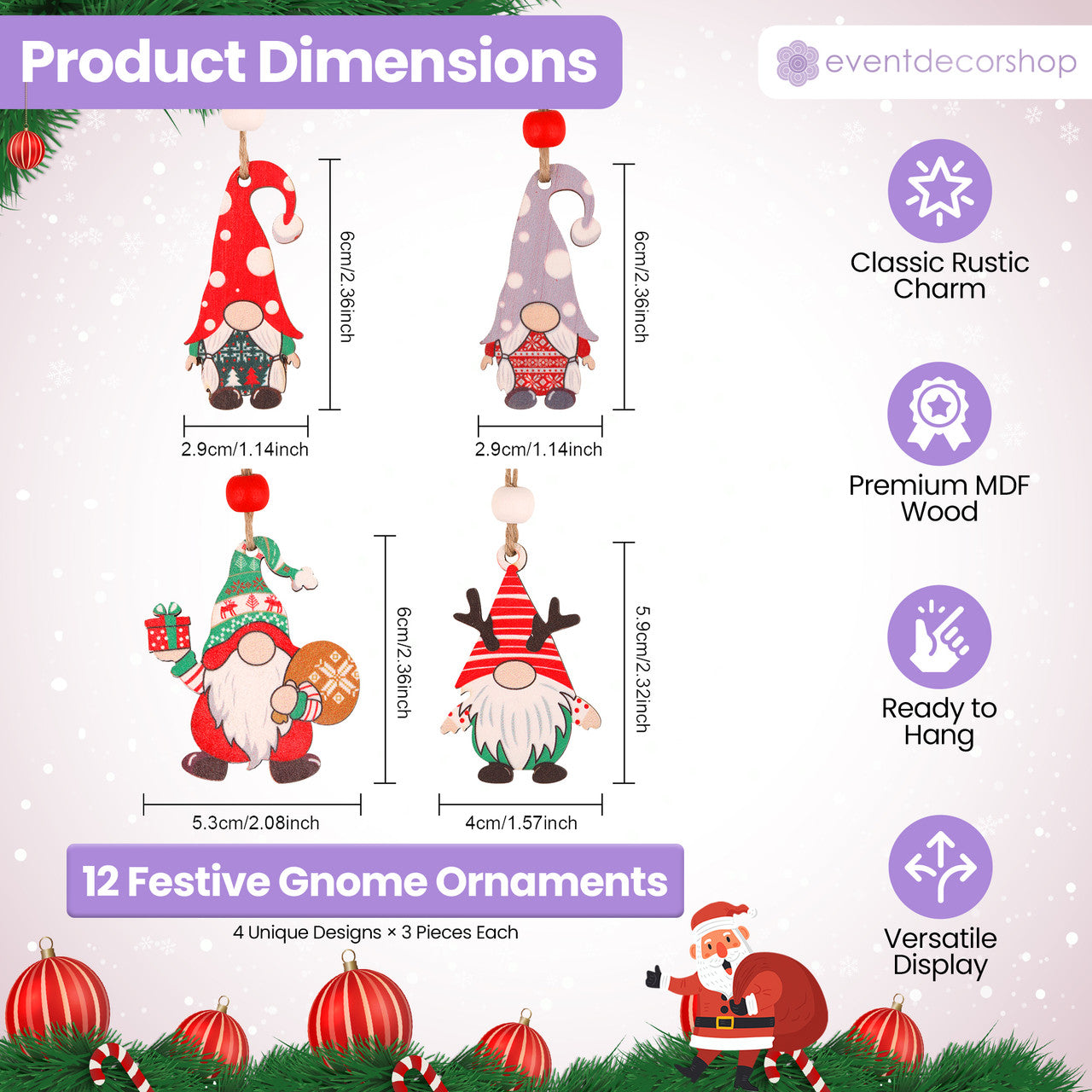 Wooden Christmas Gnome Ornaments – 12pc Set