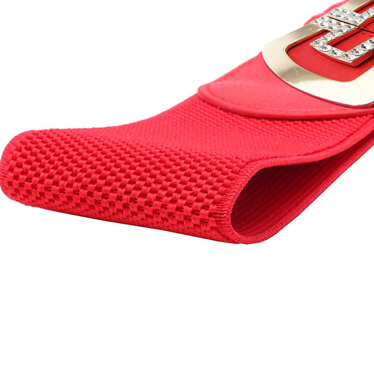 Elasticated Belt with Cross Diamante Buckle - Red