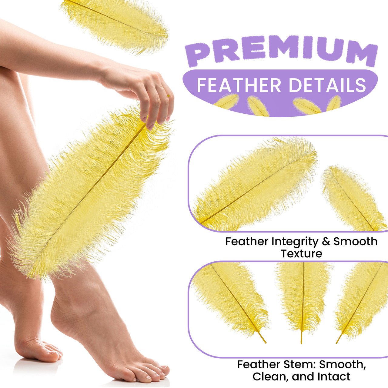50-60cm Loose Ostrich Feathers, 5pcs - Yellow
