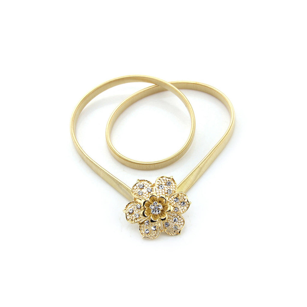 68cm Stretchy Belt with Flower Buckle - Gold