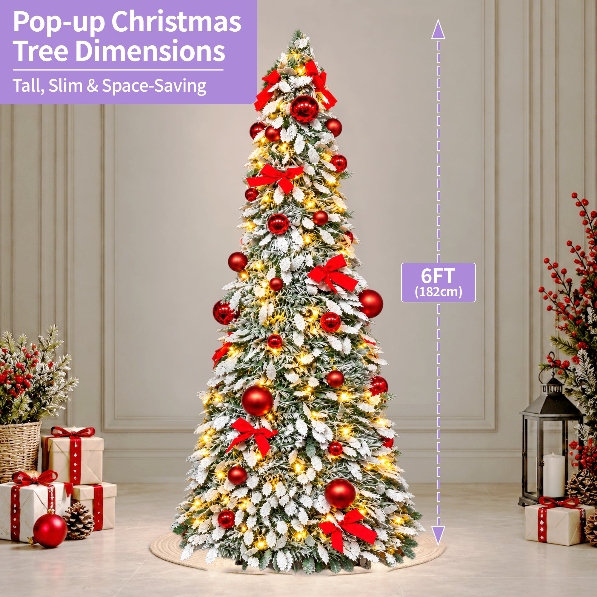 6ft Pop-Up Christmas Tree with Warm White LED Lights and Red or Gold Baubles