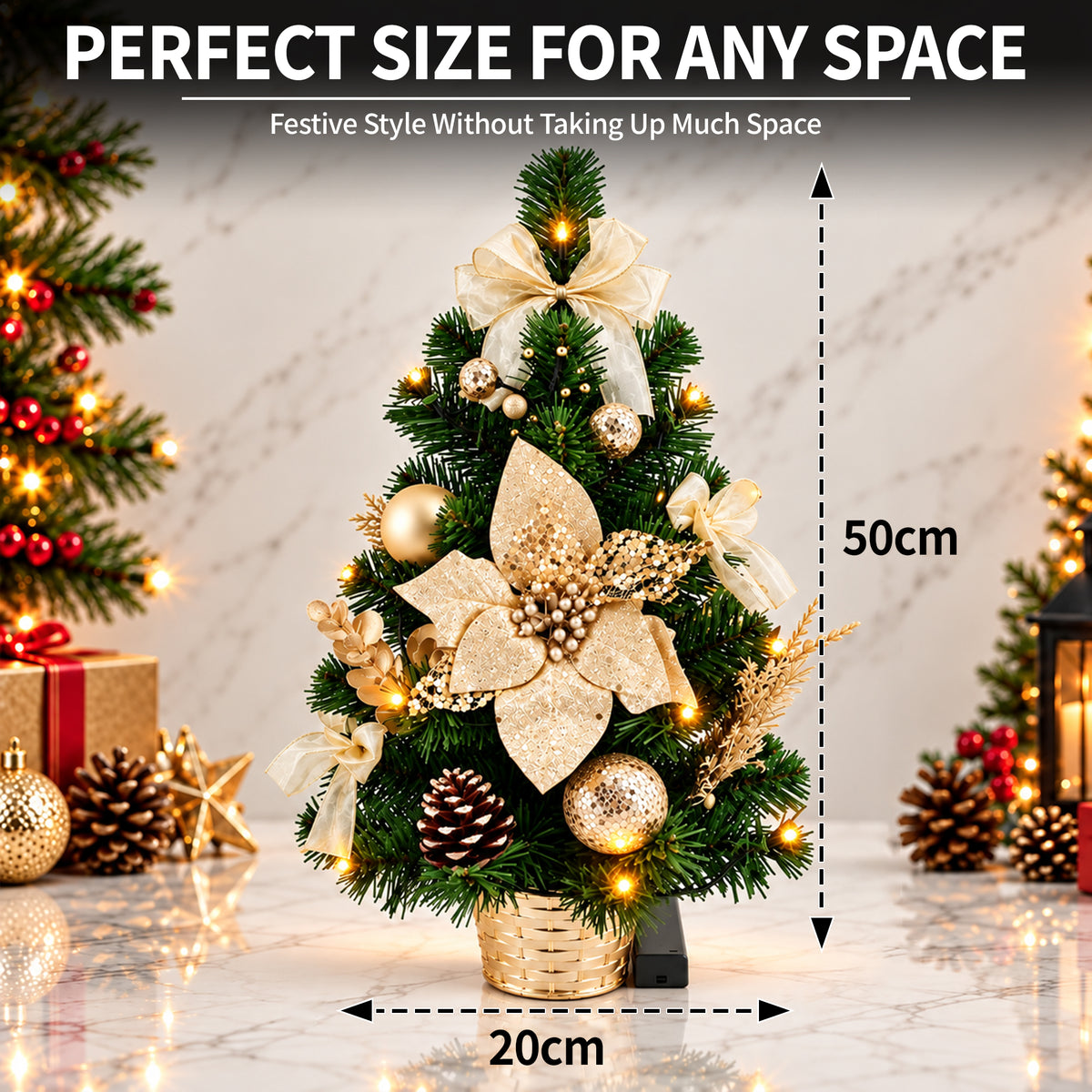 Decorated Table Top Christmas Tree with Red or Gold Poinsettia & LED Lights