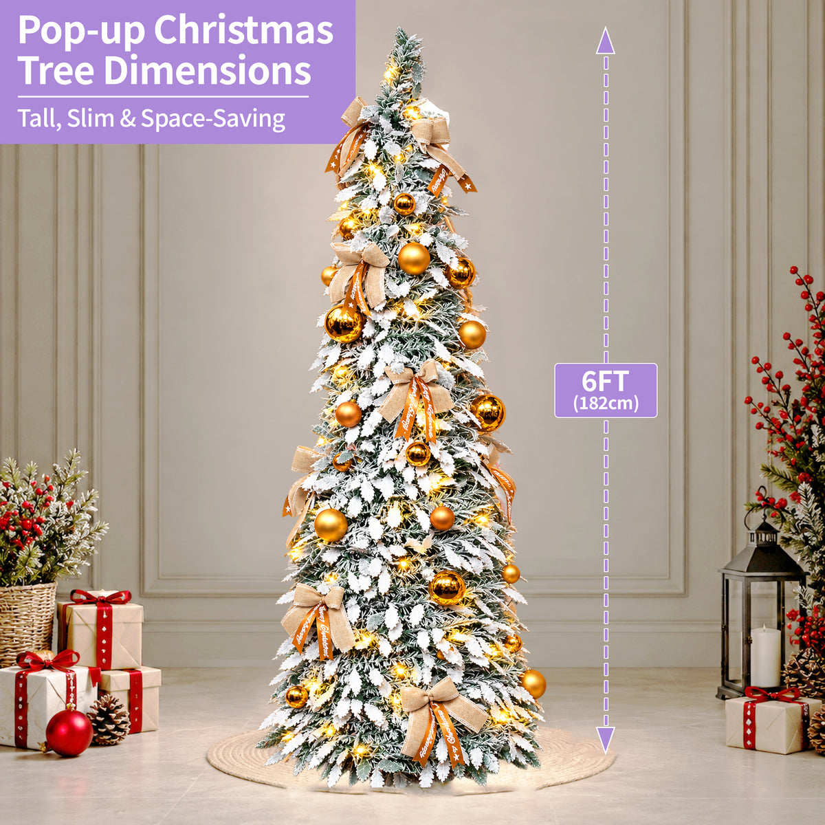 6ft Pop-Up Christmas Tree with Warm White LED Lights and Red or Gold Baubles