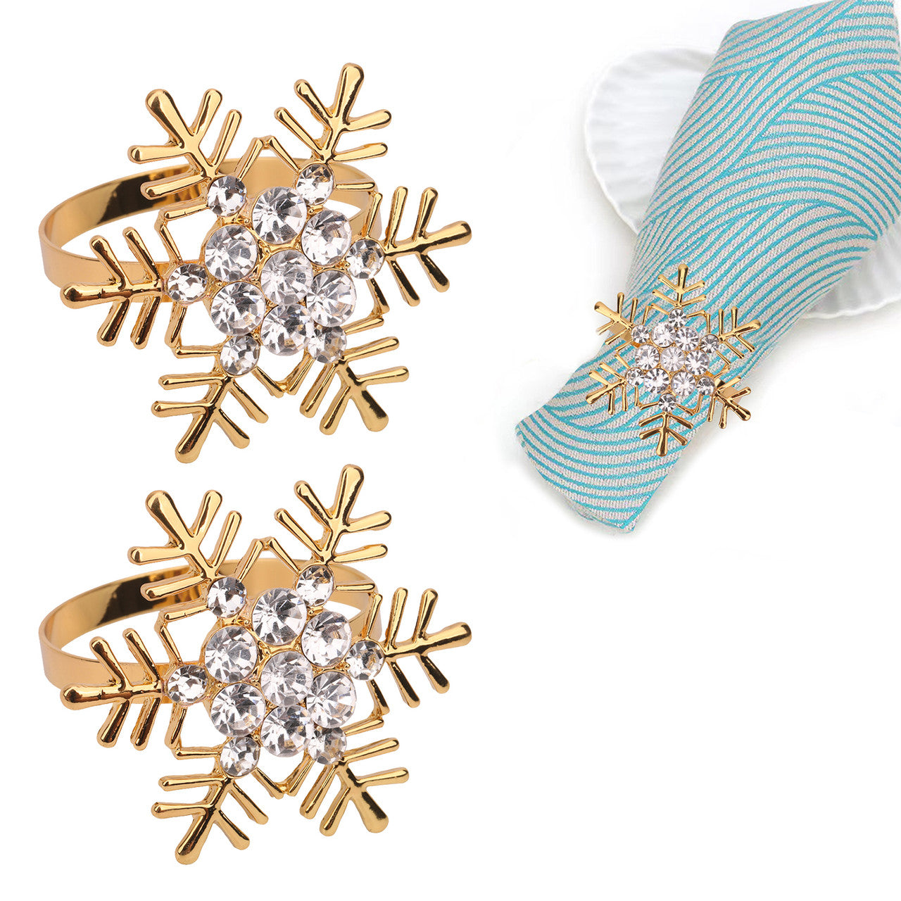 Snowflake Napkin Rings with Diamante – Christmas Table Décor - Gold