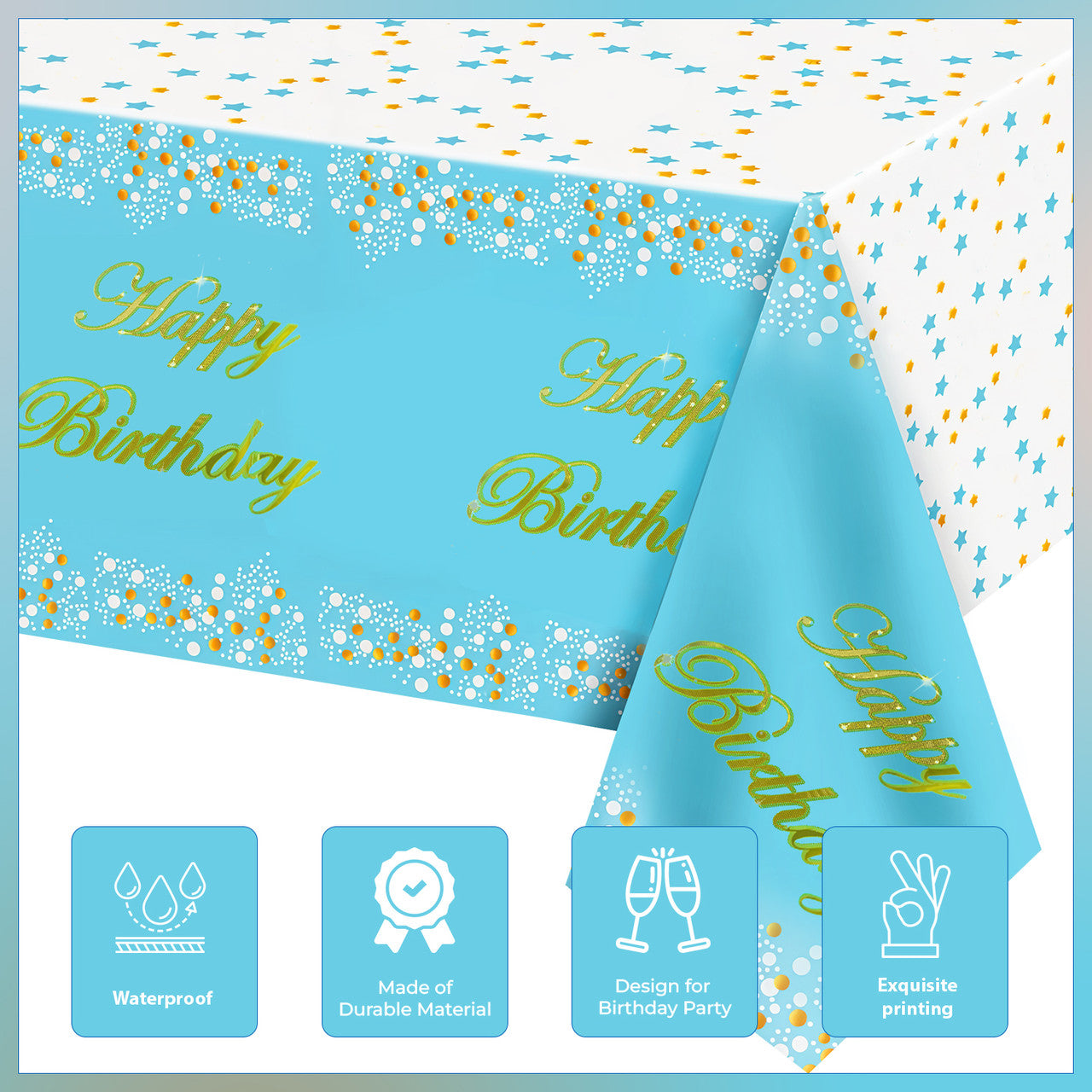 Blue Happy Birthday Printed Foil Tablecloth