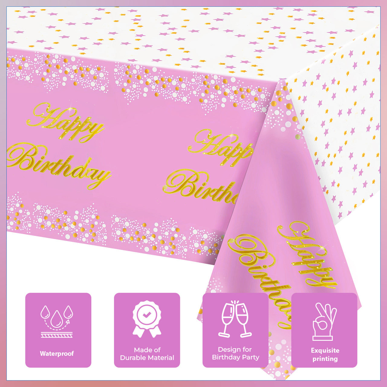 Pink Happy Birthday Printed Foil Tablecloth