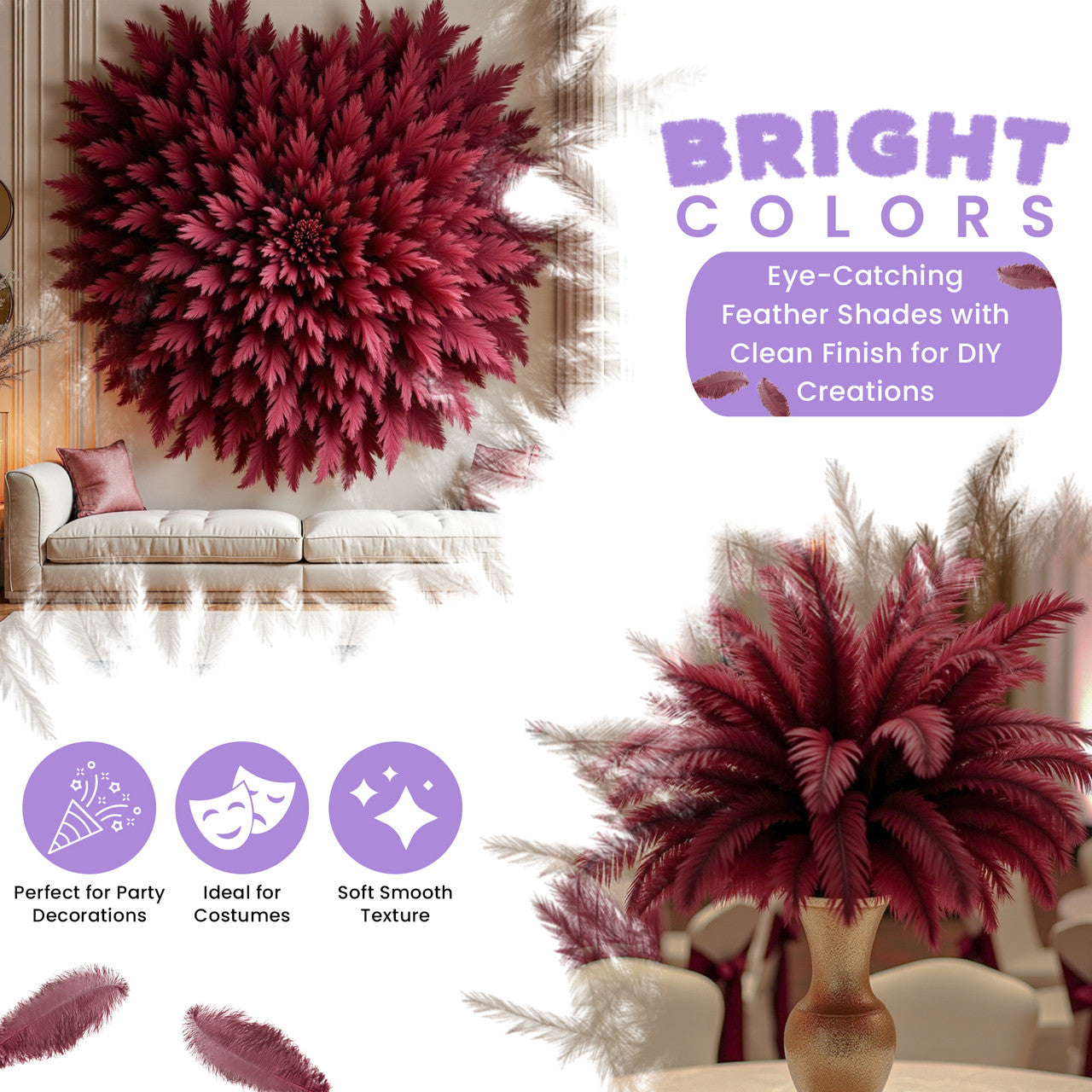 50-60cm Loose Ostrich Feathers, 5pcs - Burgundy
