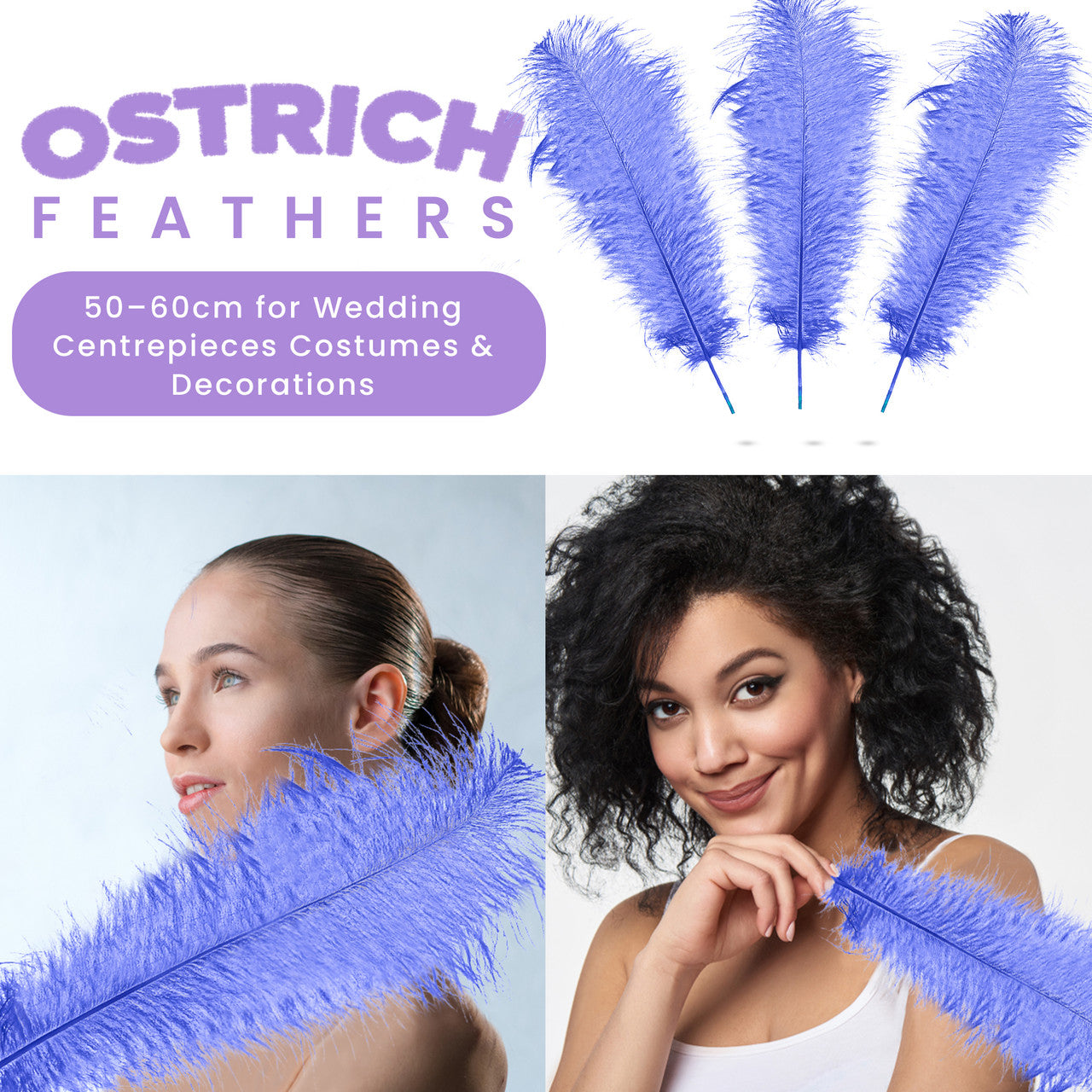 50-60cm Loose Ostrich Feathers, 5pcs - Royal Blue
