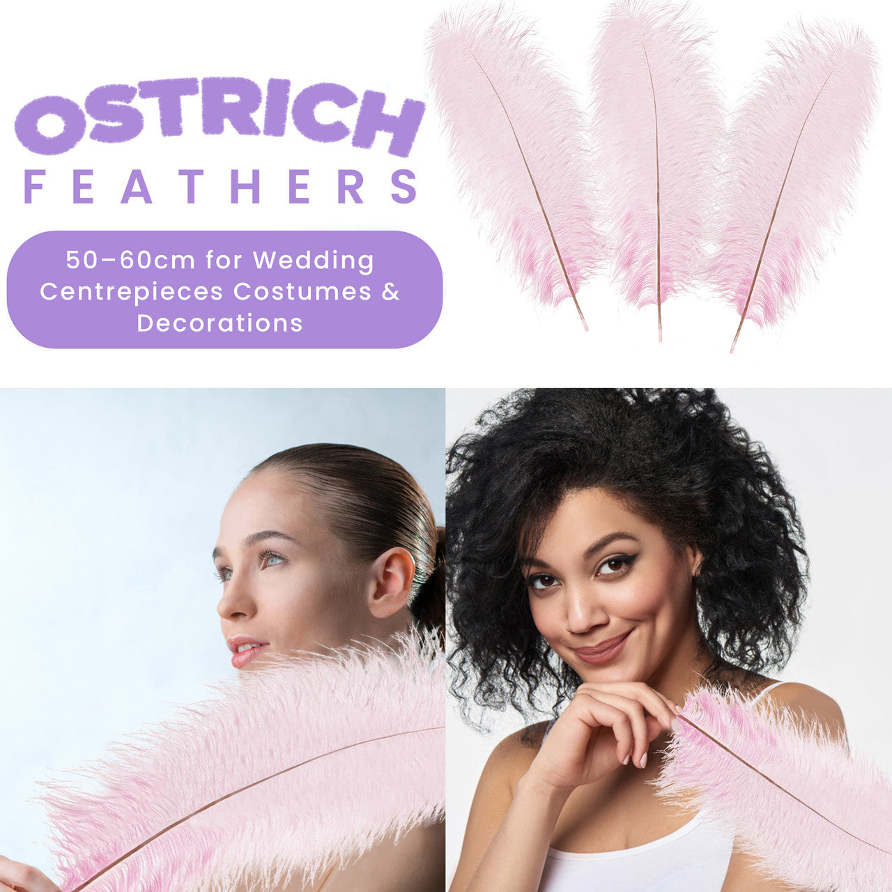 50-60cm Loose Ostrich Feathers, 5pcs - Baby Pink
