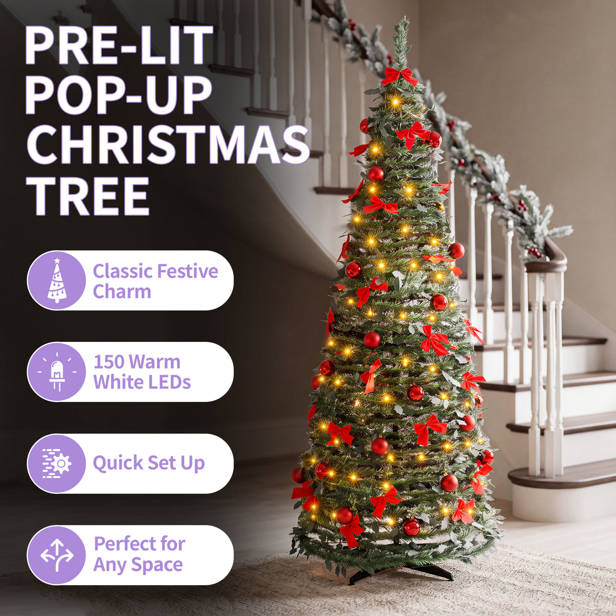 A pre-lit pop-up Christmas tree with green faux pine needles, warm white LED lights, and red ribbon bows, shown in a staircase hallway. Large text on the left reads 'PRE-LIT POP-UP CHRISTMAS TREE' with feature callouts.