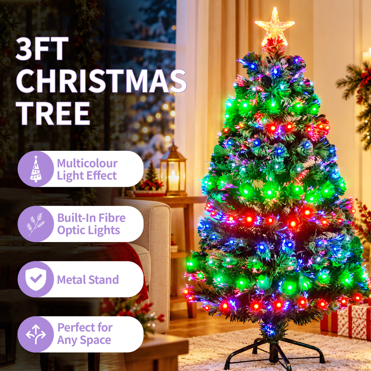 Fibre Optic Christmas Tree with 3 Colour LED Lights - 2ft/3ft/4ft/5ft/6ft/7ft