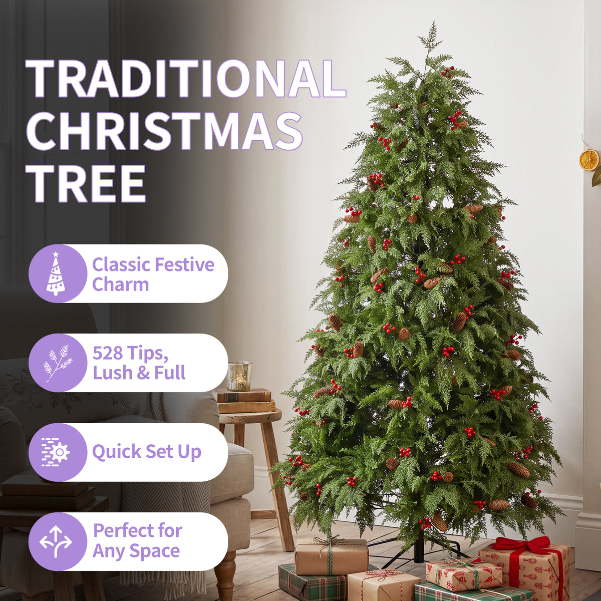 Artificial Christmas Tree with Red Berries, Pine Cones & Metal Stand
