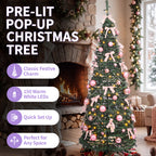 A lit pre-lit Christmas tree in a cozy living room setting next to a fireplace, decorated with pink ornaments, pink bows, and warm white LED lights. Large text on the left reads 'PRE-LIT POP-UP CHRISTMAS TREE' with feature callouts below.