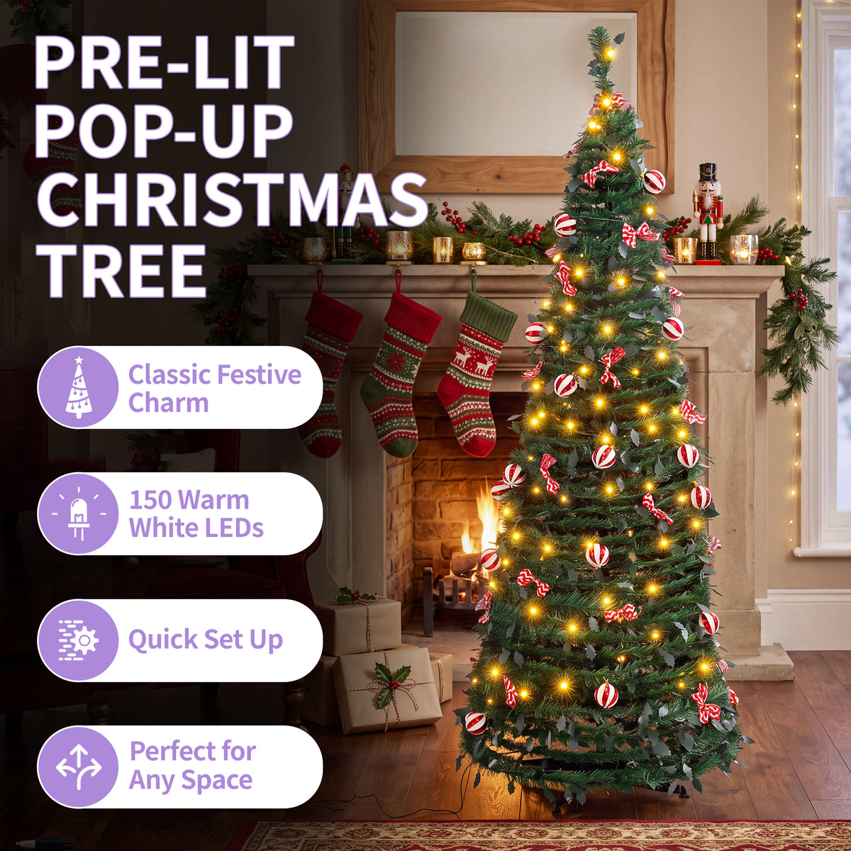 A pre-lit pop-up Christmas tree stands in a decorated living room beside a fireplace with stockings, gifts, and warm string lights. Large text on the left reads 'PRE-LIT POP-UP CHRISTMAS TREE' with feature callouts including 'Classic Festive Charm,' '150 Warm White LEDs,' 'Quick Set Up,' and 'Perfect for Any Space.