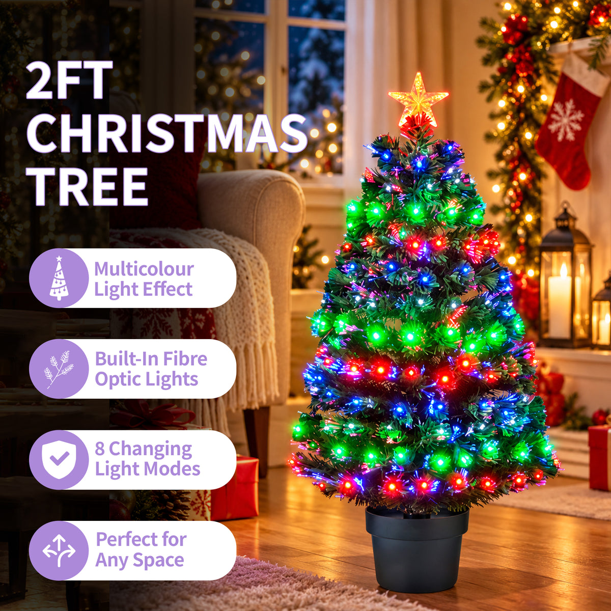 Fibre Optic Christmas Tree with 3 Colour LED Lights - 2ft/3ft/4ft/5ft/6ft/7ft