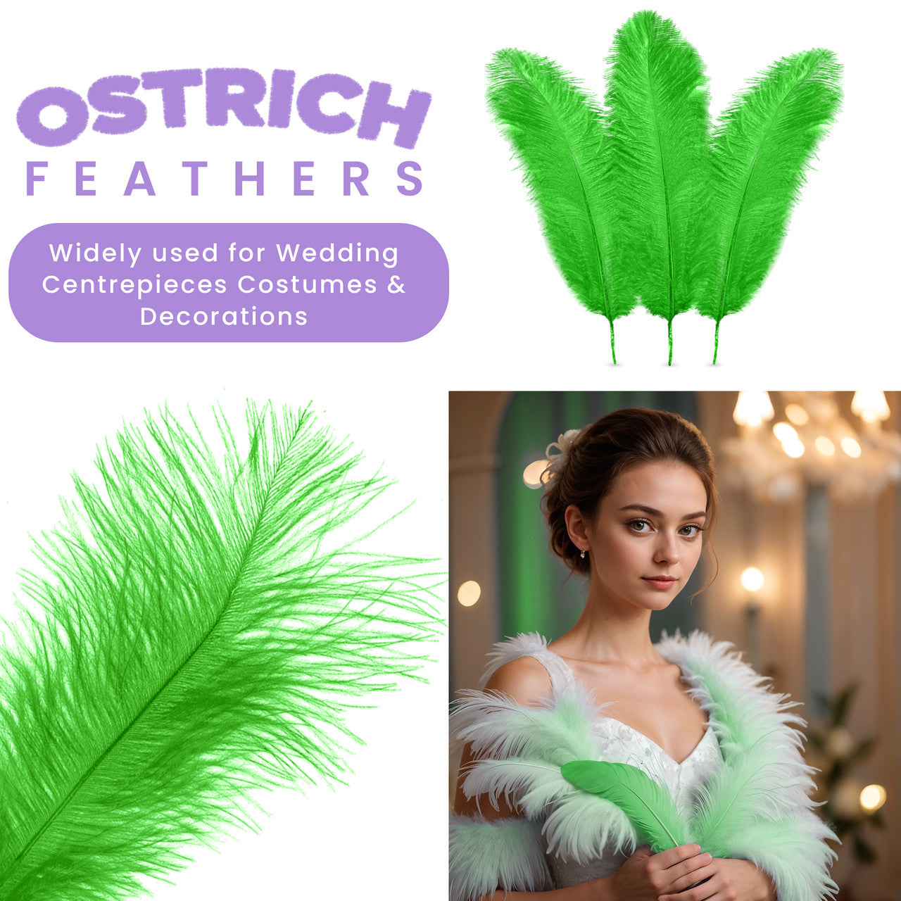 35-40cm Loose Ostrich Feathers, 5pcs - Green