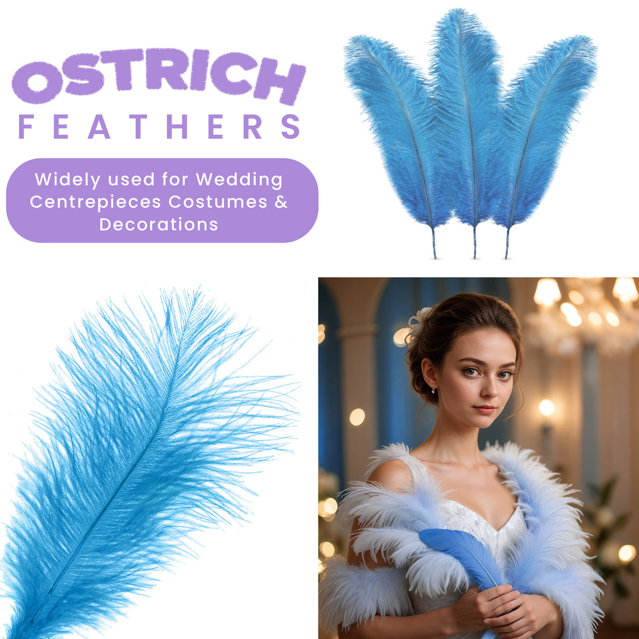 35-40cm Loose Ostrich Feathers, 5pcs - Turquoise