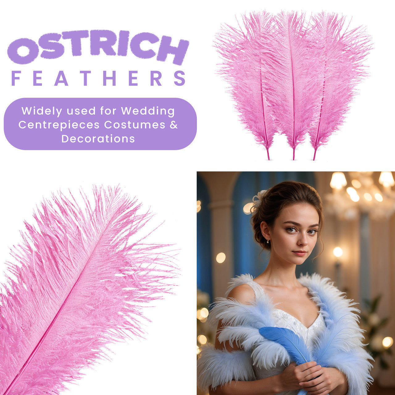 35-40cm Loose Ostrich Feathers, 5pcs - Baby Pink