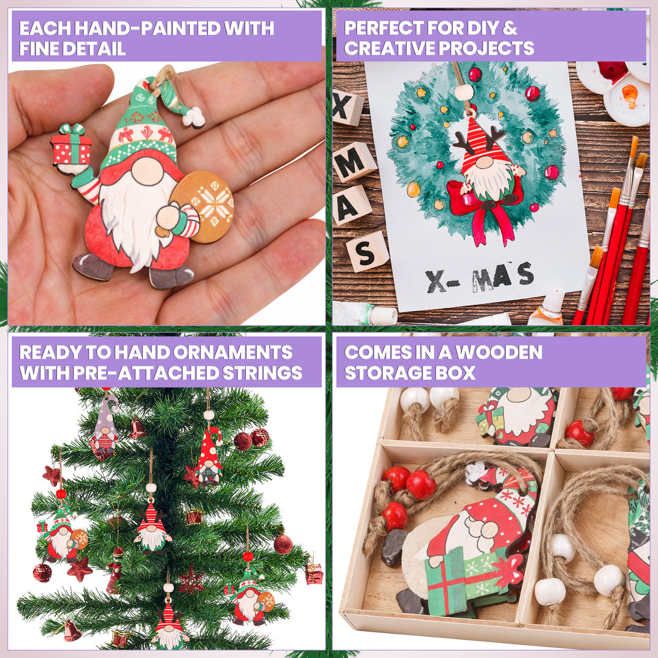 Wooden Christmas Gnome Ornaments – 12pc Set