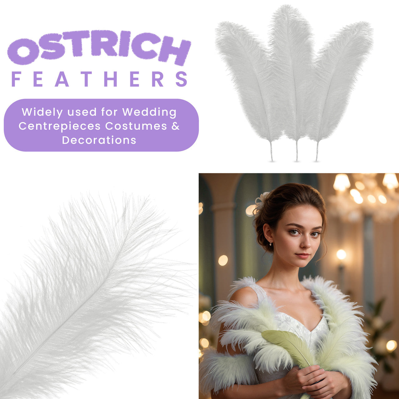 35-40cm Loose Ostrich Feathers, 5pcs - White