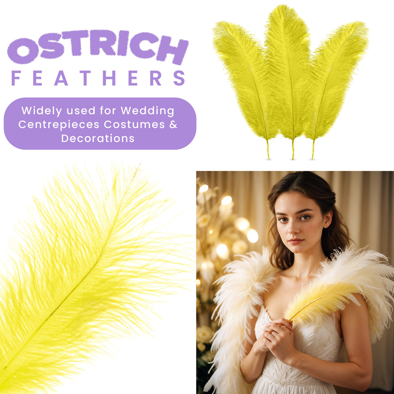 35-40cm Loose Ostrich Feathers, 5pcs - Yellow