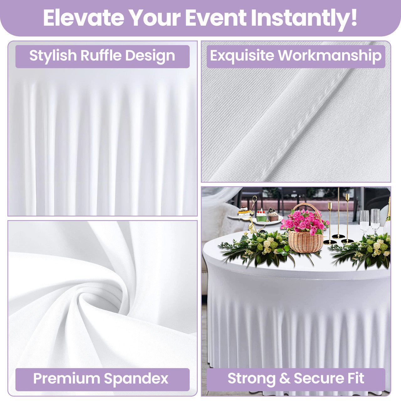 60" Round Spandex Tablecloth with Skirt - White
