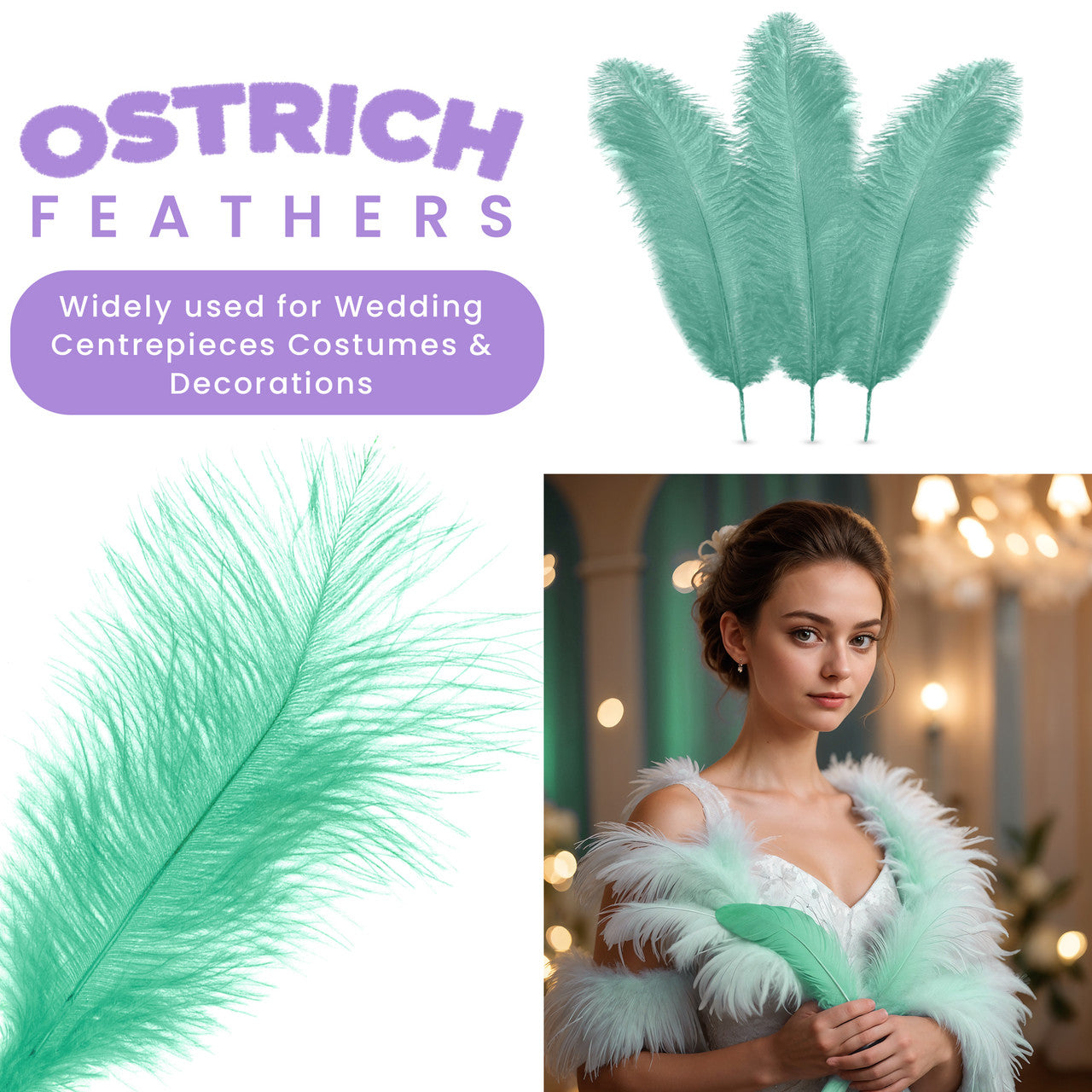 35-40cm Loose Ostrich Feathers, 5pcs - Mint