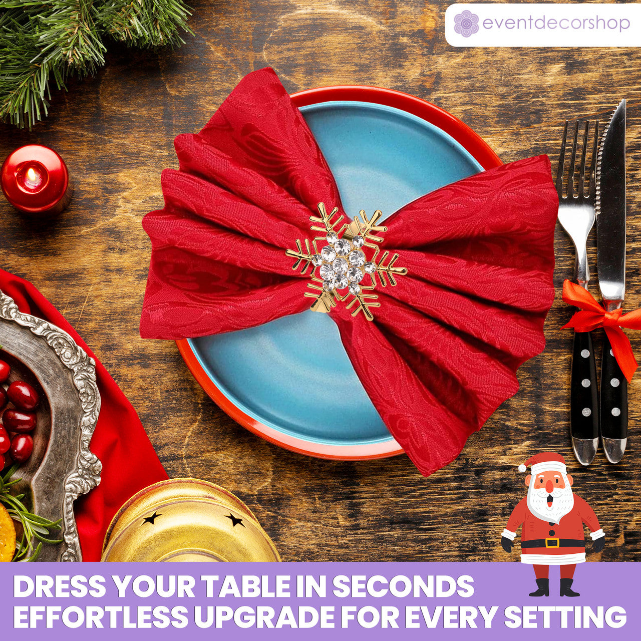 Snowflake Napkin Rings with Diamante – Christmas Table Décor - Gold