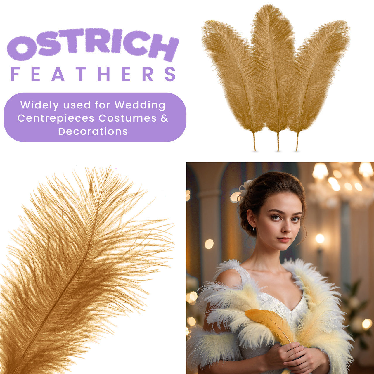 35-40cm Loose Ostrich Feathers, 5pcs - Gold