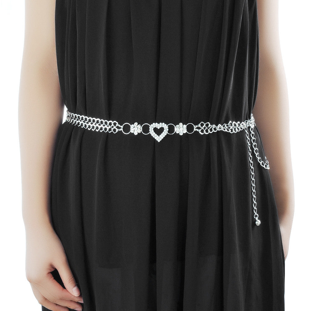 Metal Chain Belt with Heart Buckle and Flowers Design