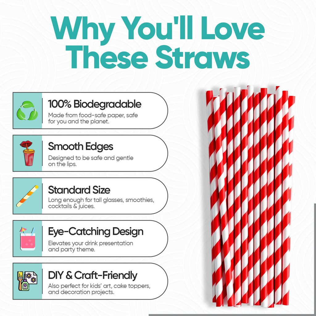 Red & White Striped Biodegradable Paper Straws