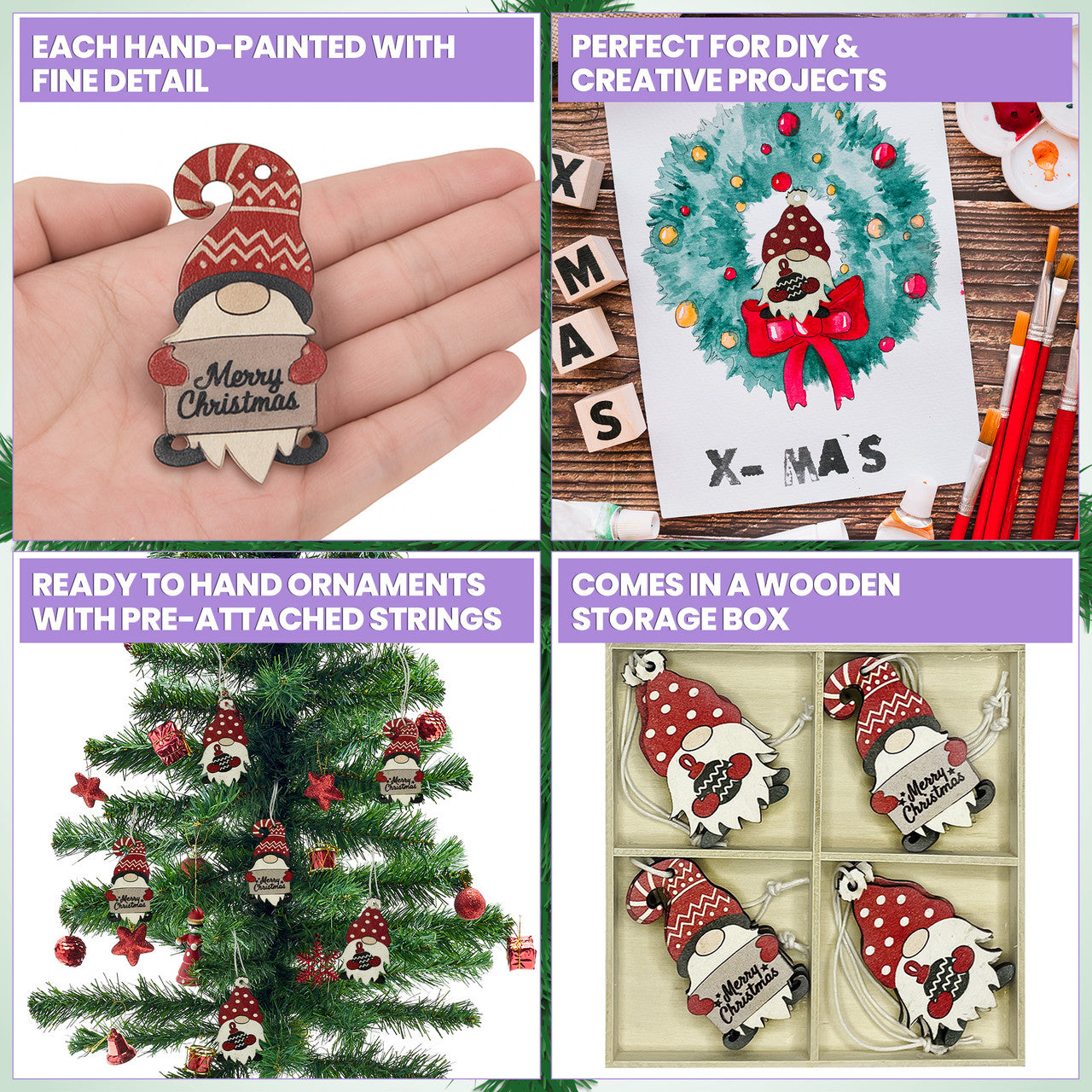Wooden Christmas Gnome & Santa Ornaments Set