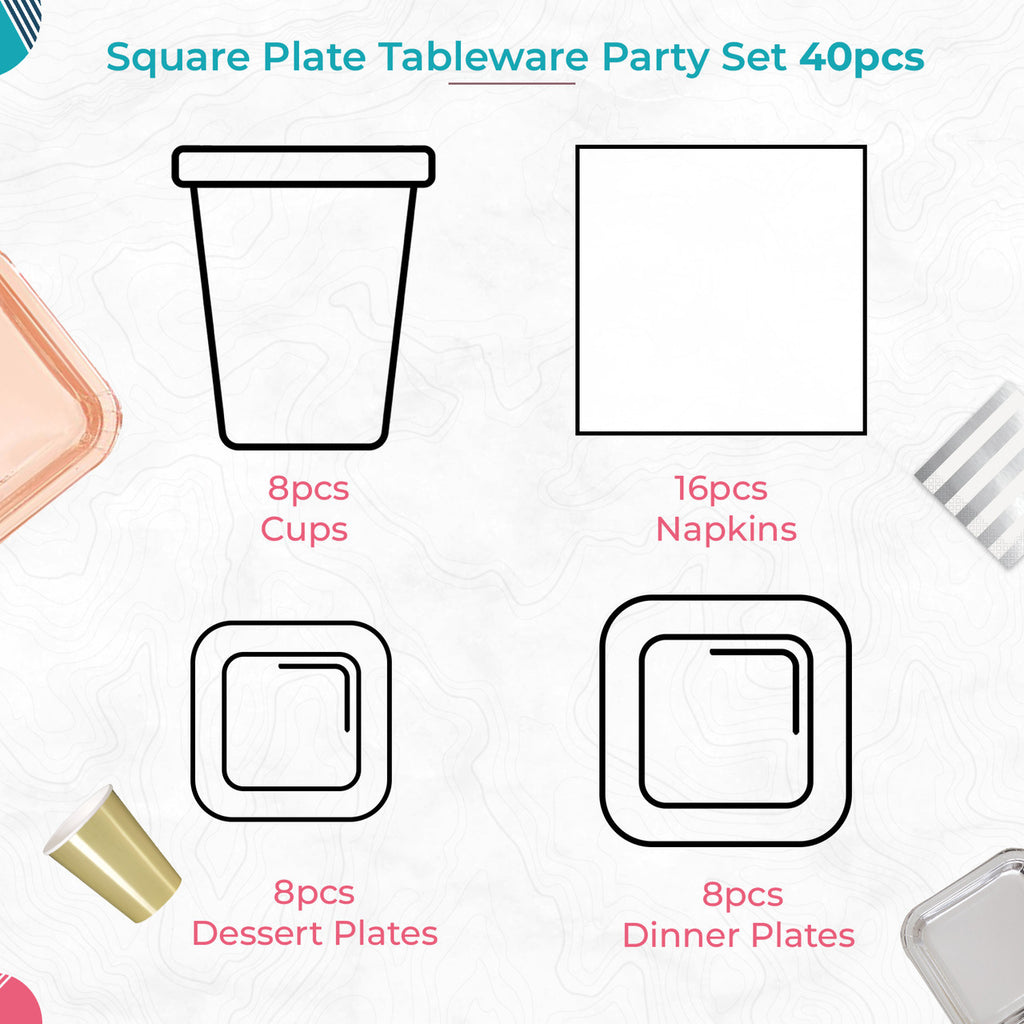 Square Plate Tableware Party Set (Pack of 40) - Gold Foil