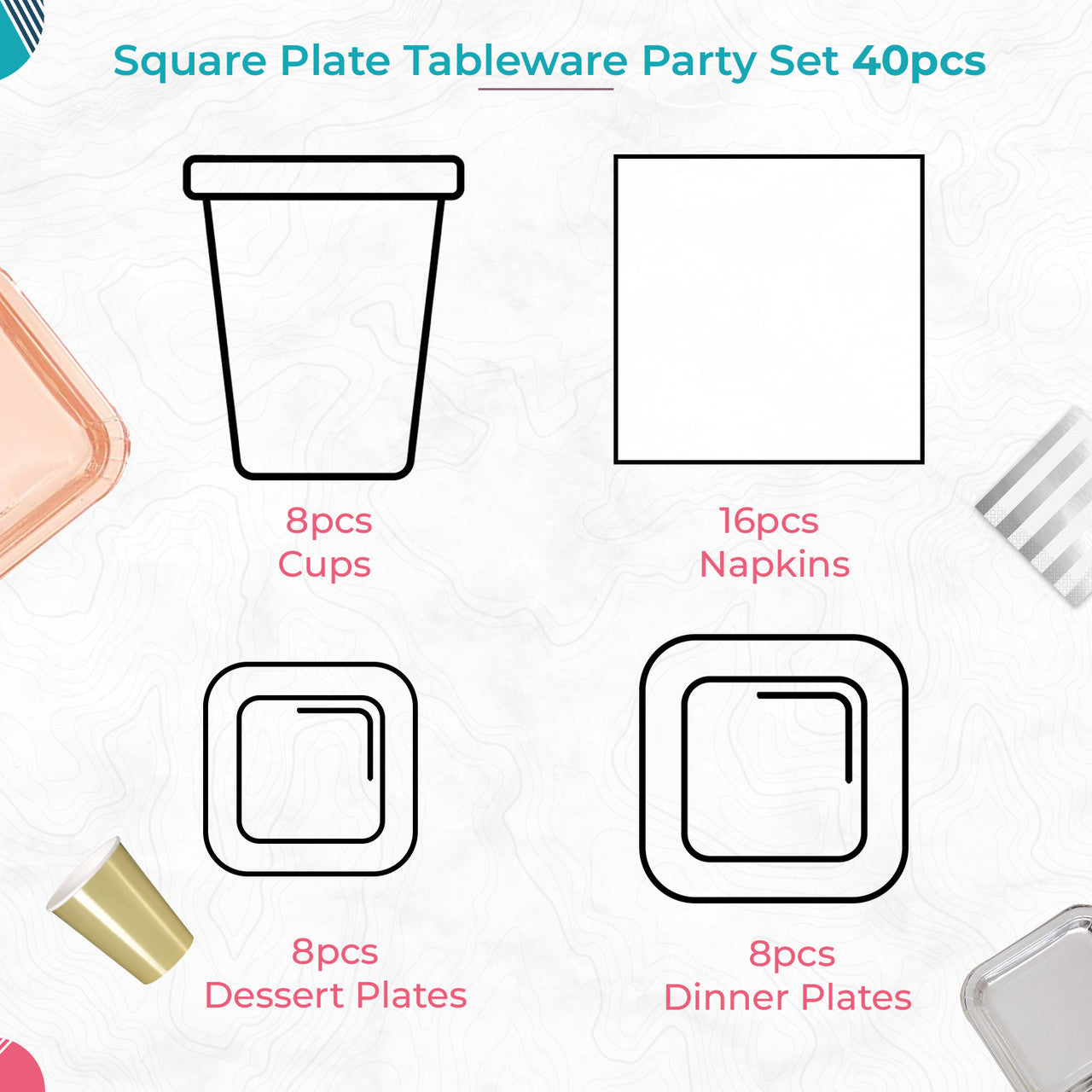 Square Plate Tableware Party Set (Pack of 40) - Gold Foil
