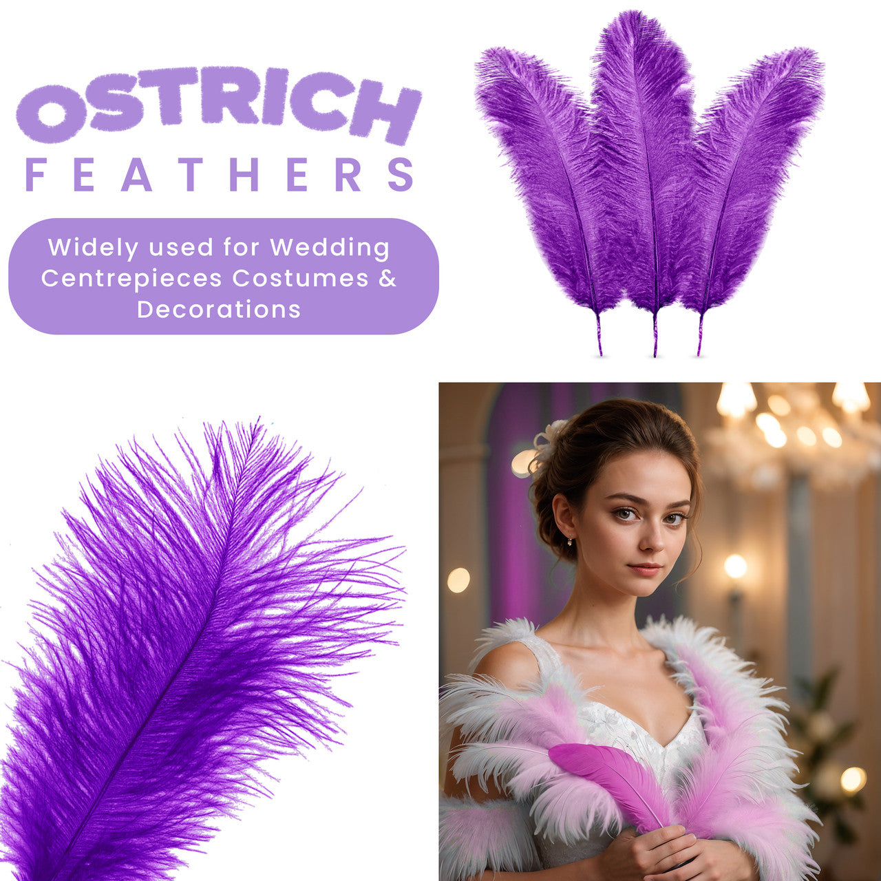 35-40cm Loose Ostrich Feathers, 5pcs - Purple