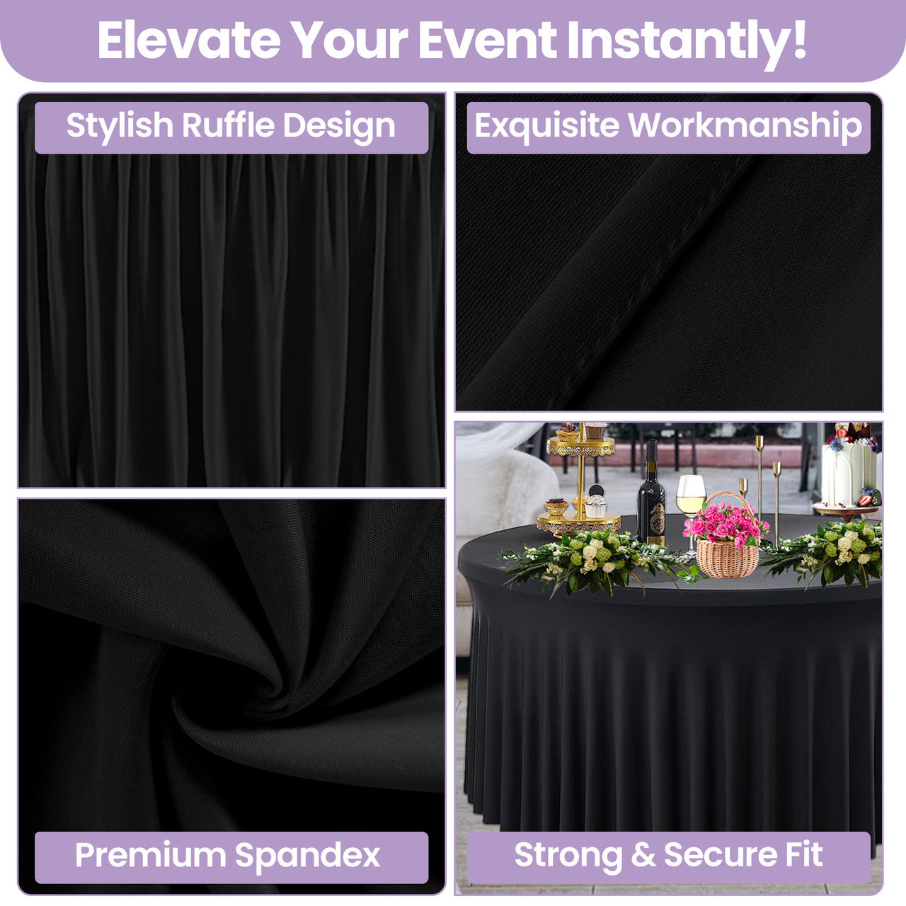 60" Round Spandex Tablecloth with Skirt - Black