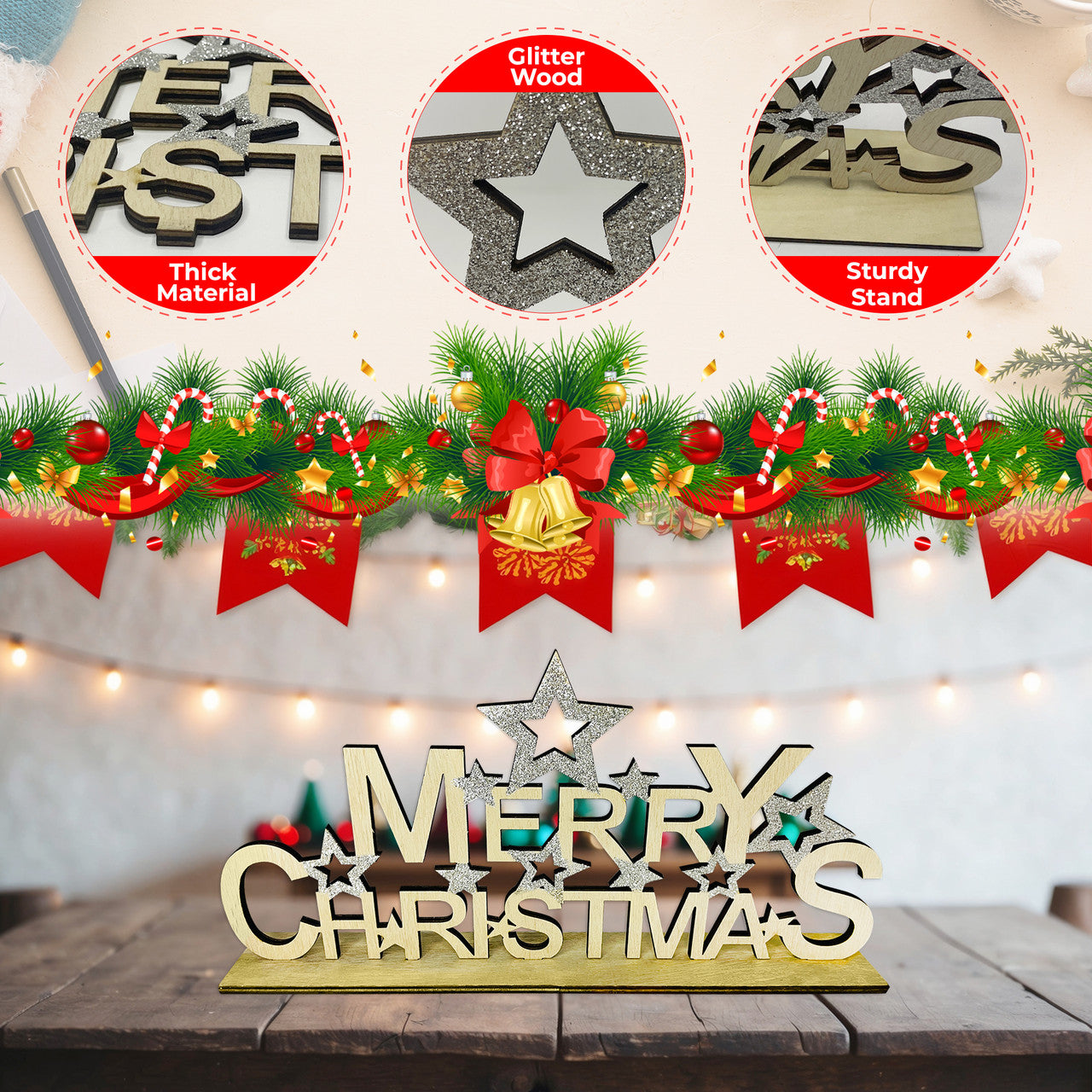 Merry Christmas Table top centrepiece Sign with Stars