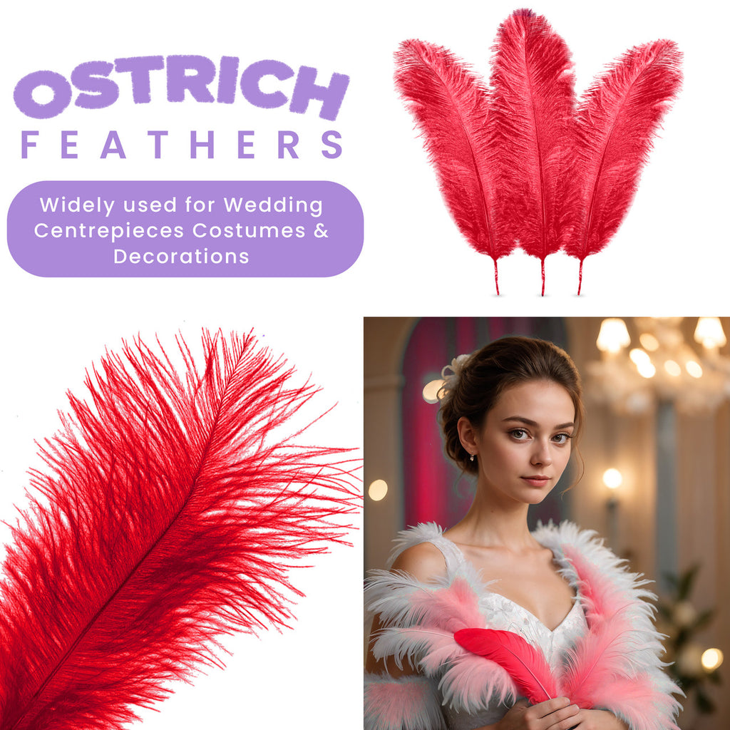 35-40cm Loose Ostrich Feathers, 5pcs - Red
