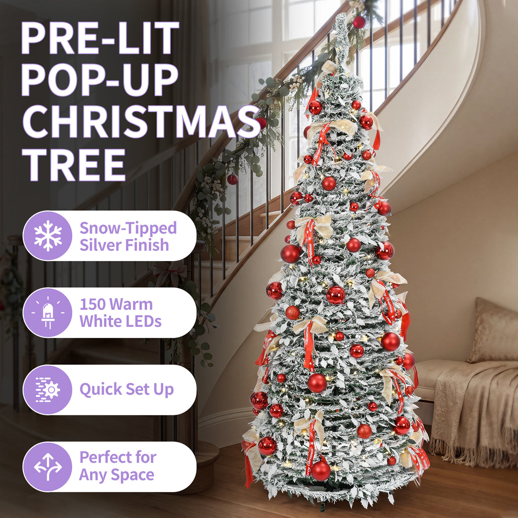 6ft Pop-Up Silver Christmas Tree with 150 Warm White LED Lights, Red Baubles & Festive Bows