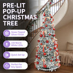 6ft Pop-Up Silver Christmas Tree with 150 Warm White LED Lights, Red Baubles & Festive Bows
