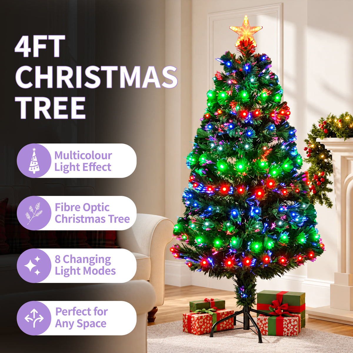 Fibre Optic Christmas Tree with 3 Colour LED Lights - 2ft/3ft/4ft/5ft/6ft/7ft