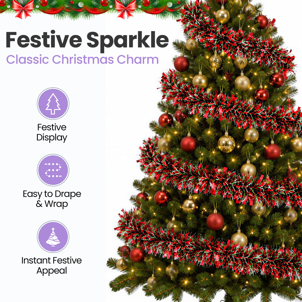 Christmas Tinsel Garland, Red Green & Silver Metallic Foil