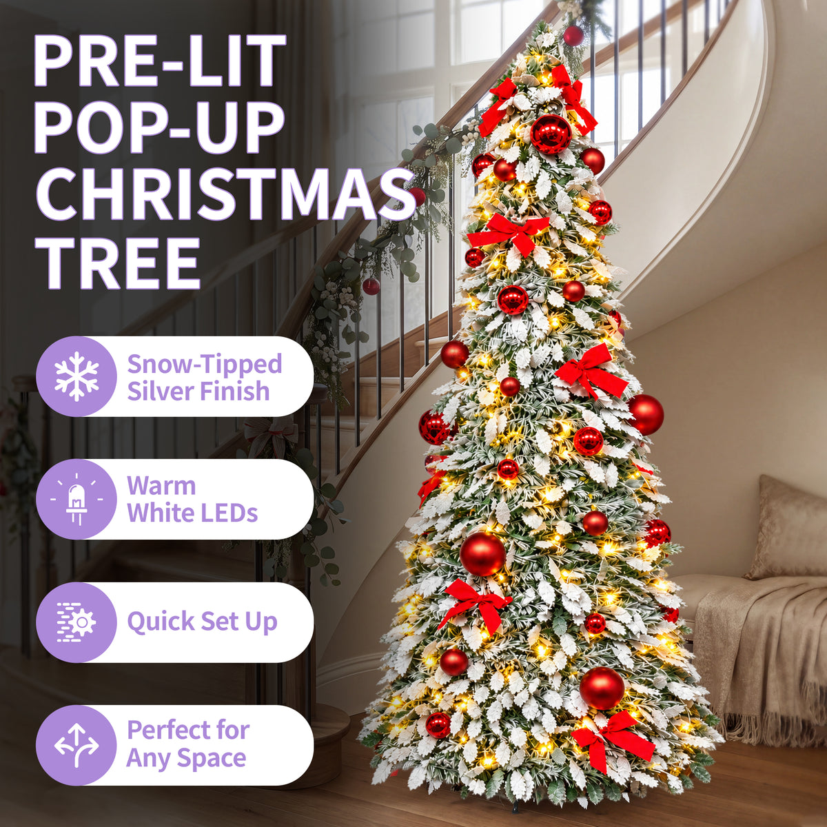 6ft Pop-Up Christmas Tree with Warm White LED Lights and Red or Gold Baubles