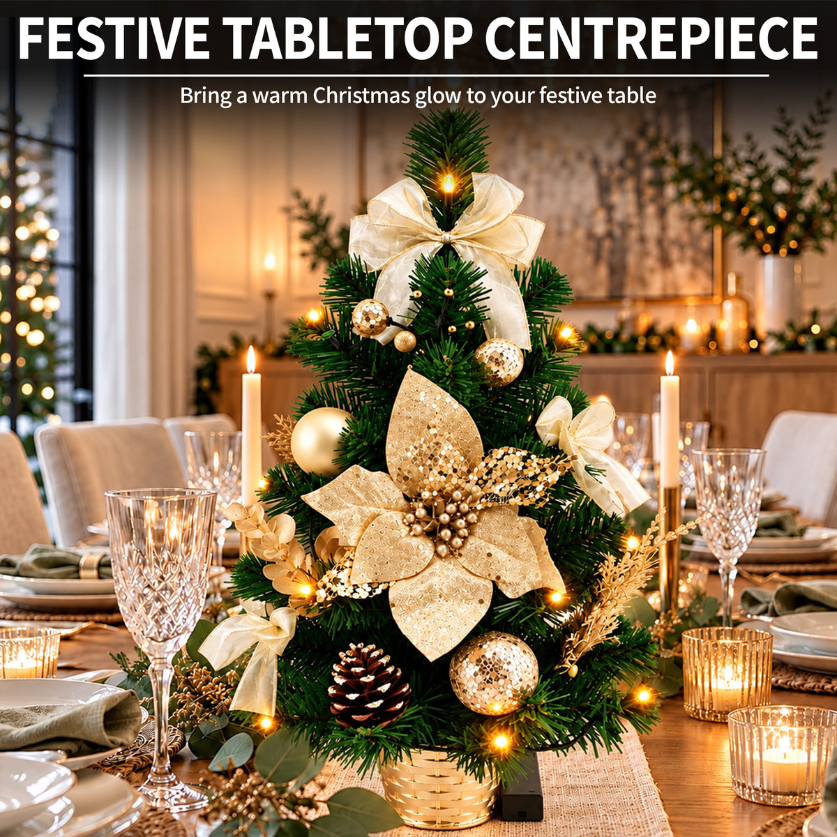 Decorated Table Top Christmas Tree with Red or Gold Poinsettia & LED Lights