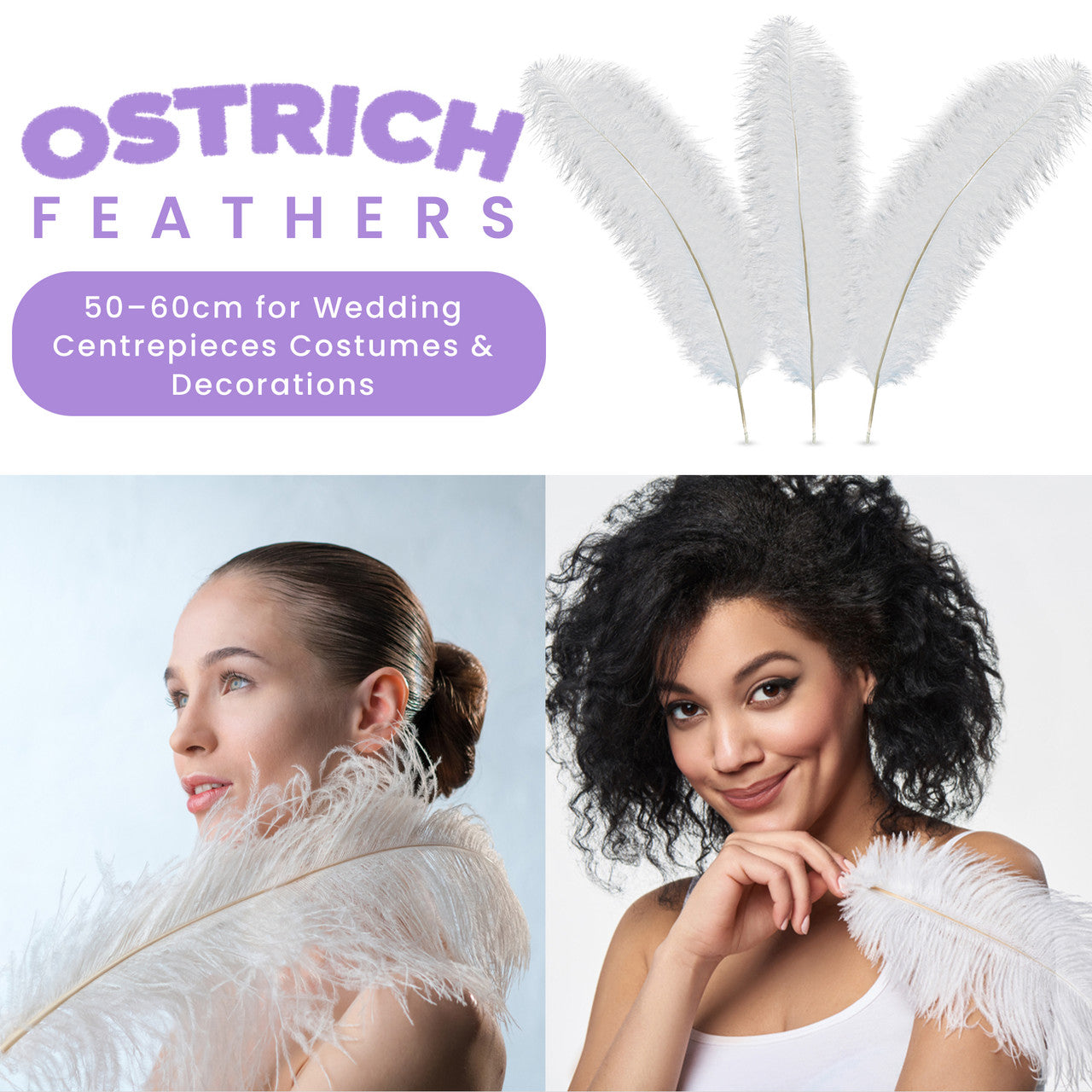 50-60cm Loose Ostrich Feathers, 5pcs - White